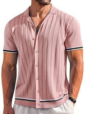 Men’s Light Pink Short Sleeve Knit Button Down Vintage Striped Beach Shirt